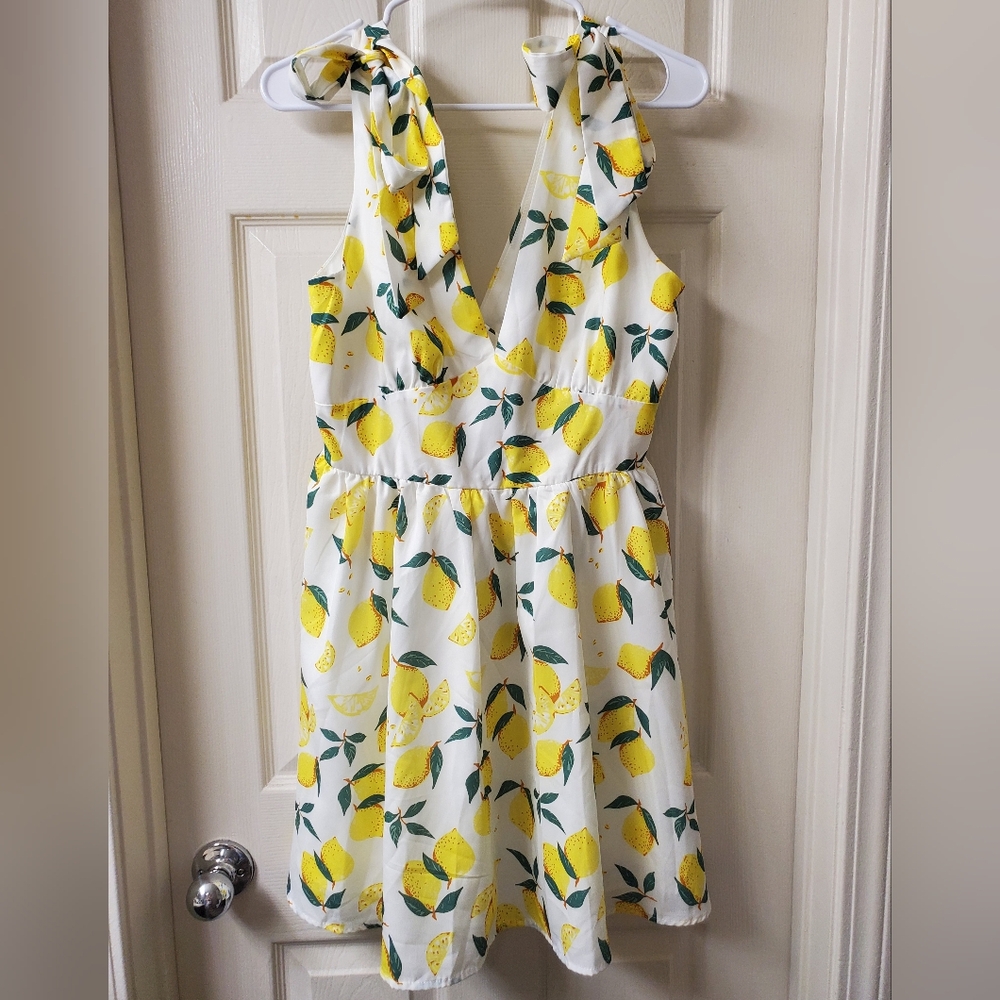 🍋Lemon Print SHEIN VCAY Tie Shoulder Dress - Picture 7 of 10
